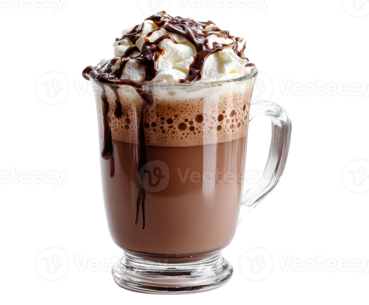 Creamy hot chocolate with whipped cream and drizzle png