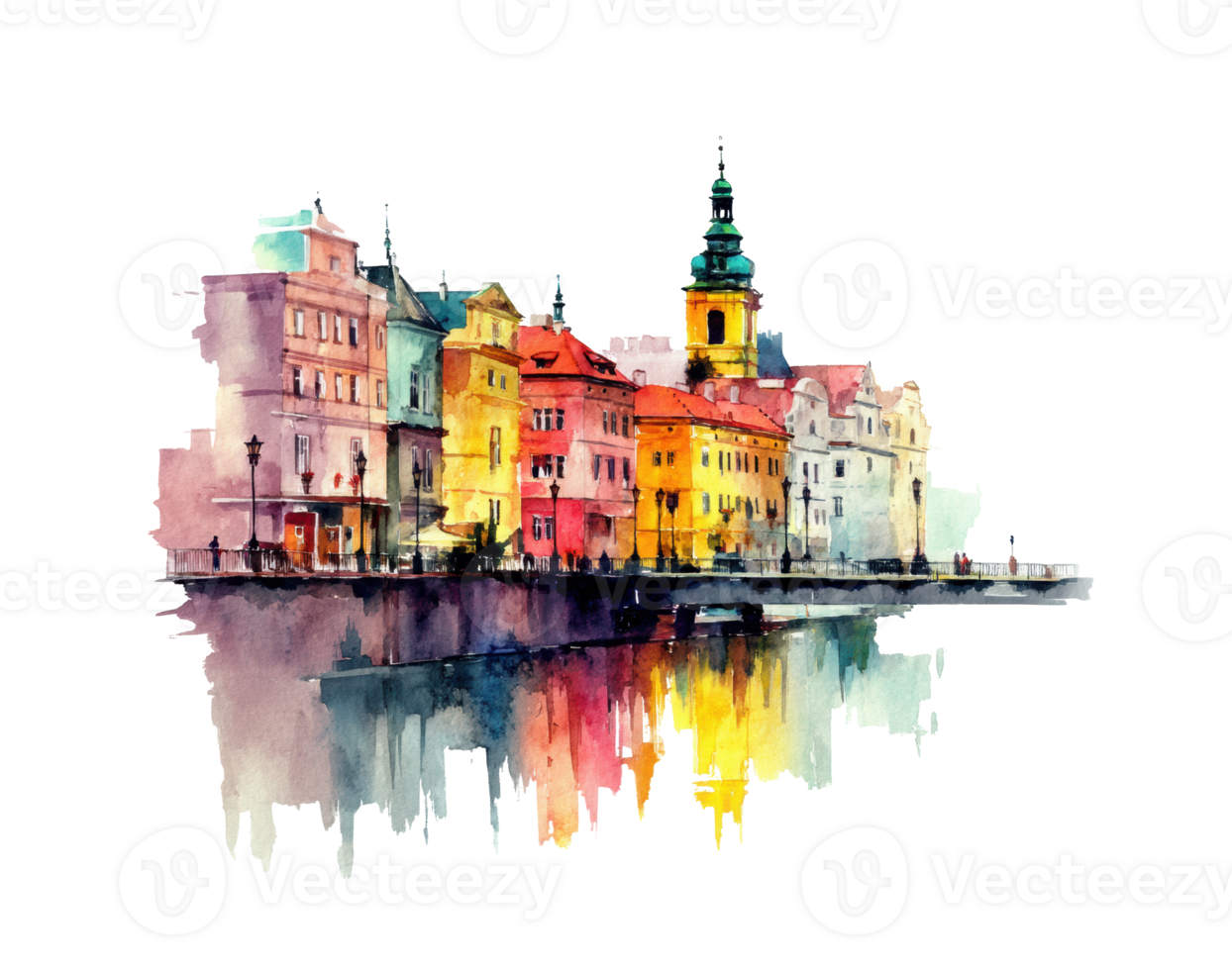 Colorful waterfront buildings in a vibrant cityscape scene png