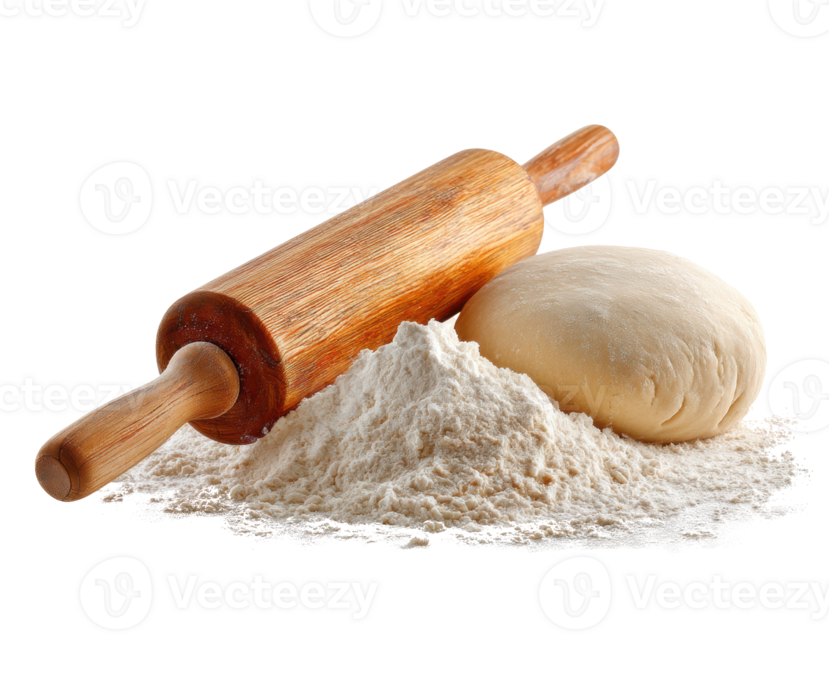 Baking essentials for making dough with rolling pin and flour png