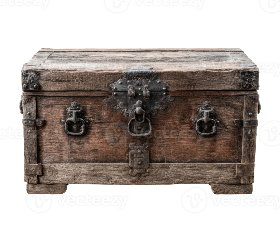 Wooden chest with intricate metal hardware for home decor png