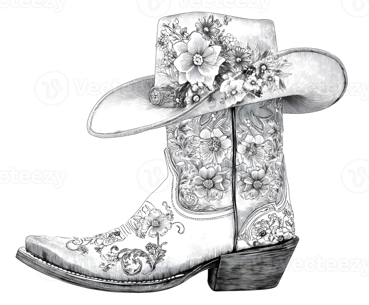 Vintage cowboy boot with floral decoration for rustic design png