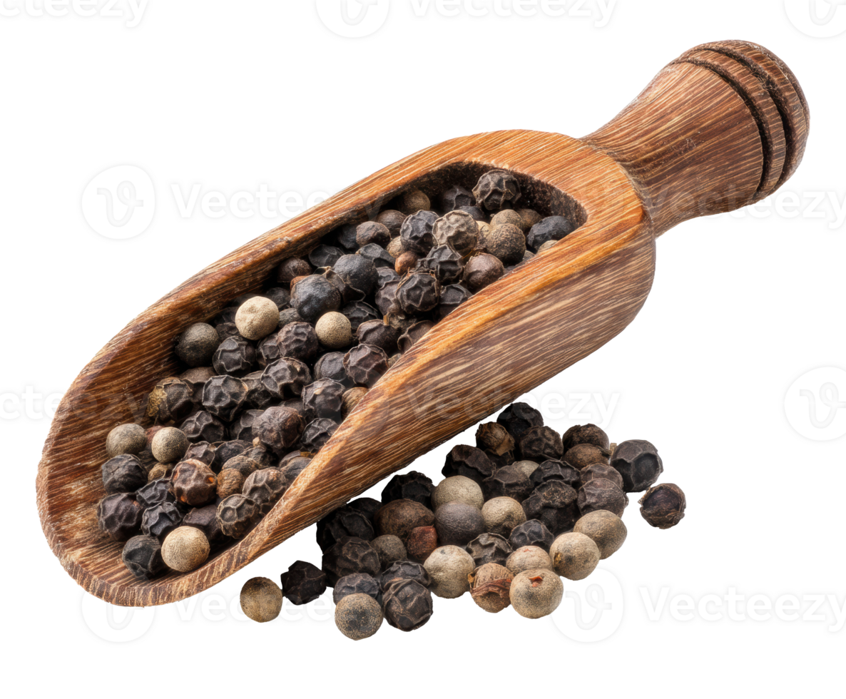 Variety of peppercorns in a wooden scoop for culinary use png