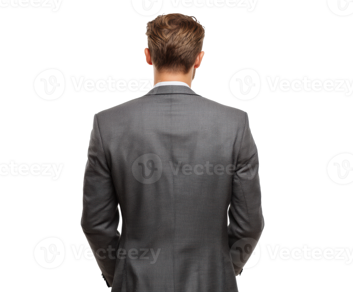 Man in a grey suit stands confidently indoors png
