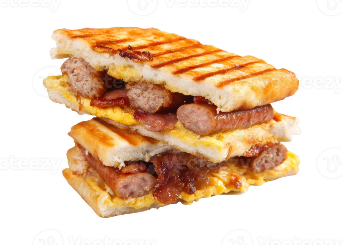 Delicious breakfast sandwich with bacon and sausage layers png