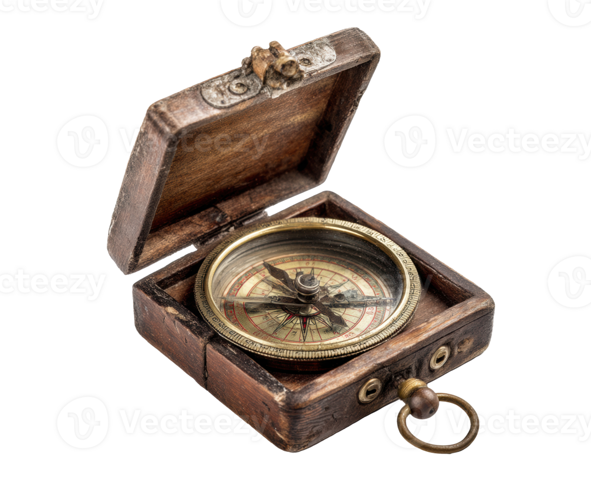 Antique compass in a wooden box for navigation and exploration png