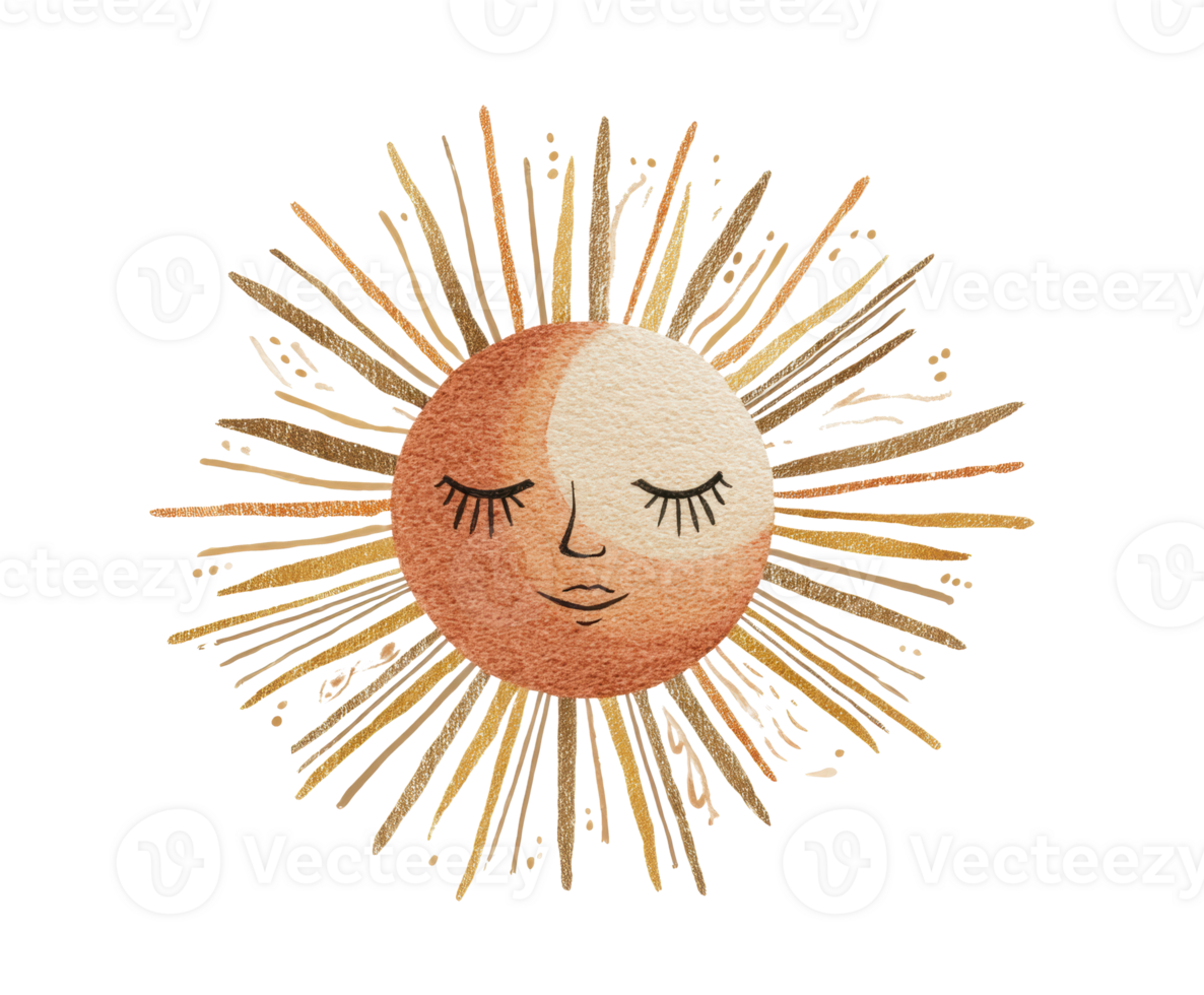 Warm sun with face and radiant golden rays for design use png