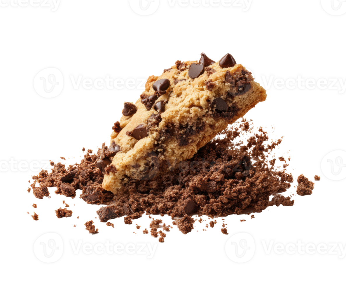 Delicately crumbled chocolate chip cookie on a surface png