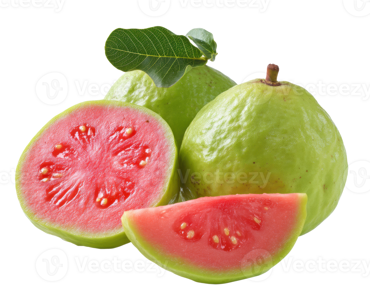 Fresh guava fruit with vibrant pink flesh and green skin png