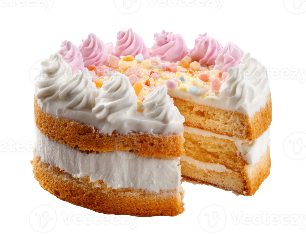 Celebration cake with cream frosting and colorful decorations png