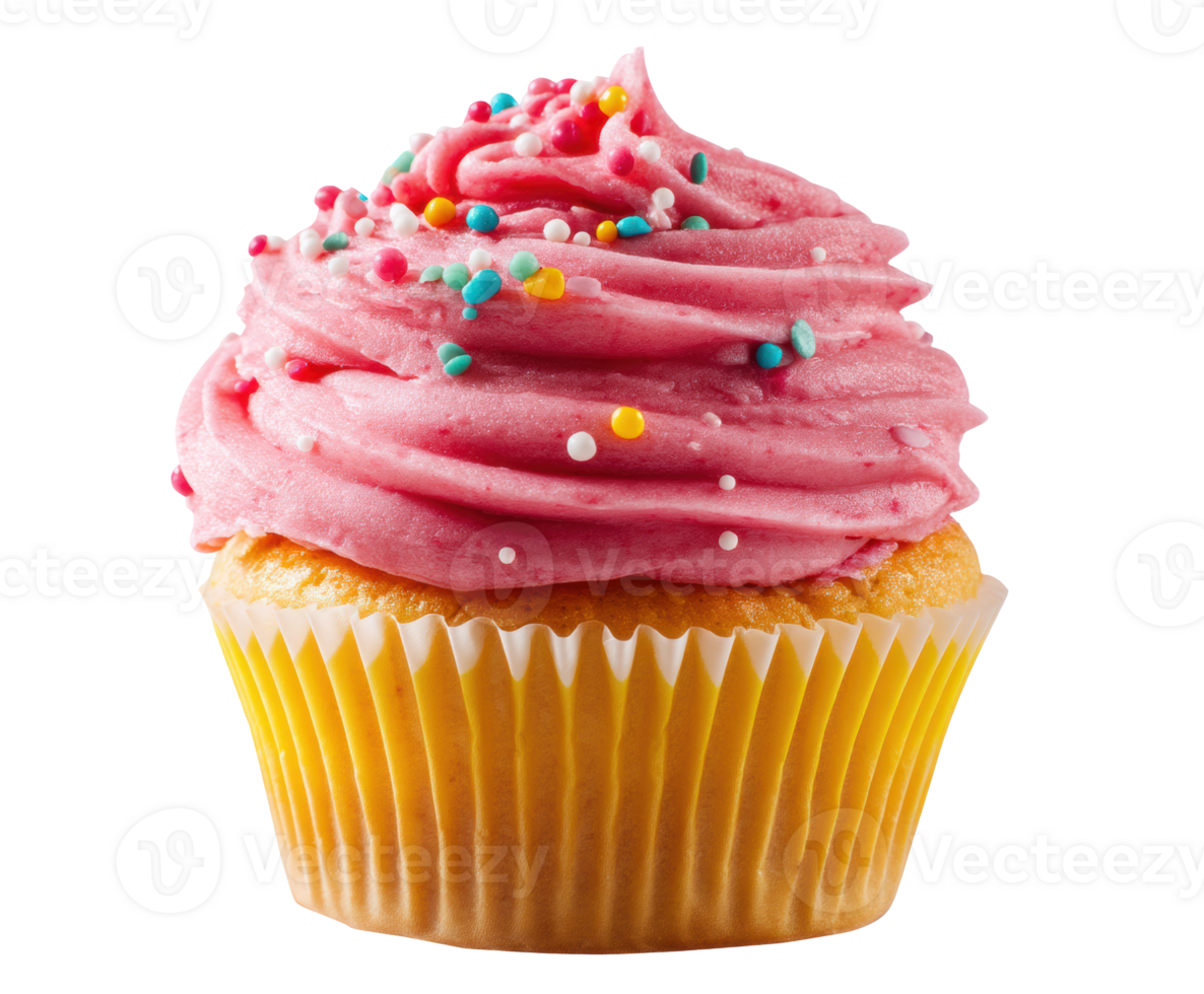 Sweet cupcake with pink frosting and colorful sprinkles png