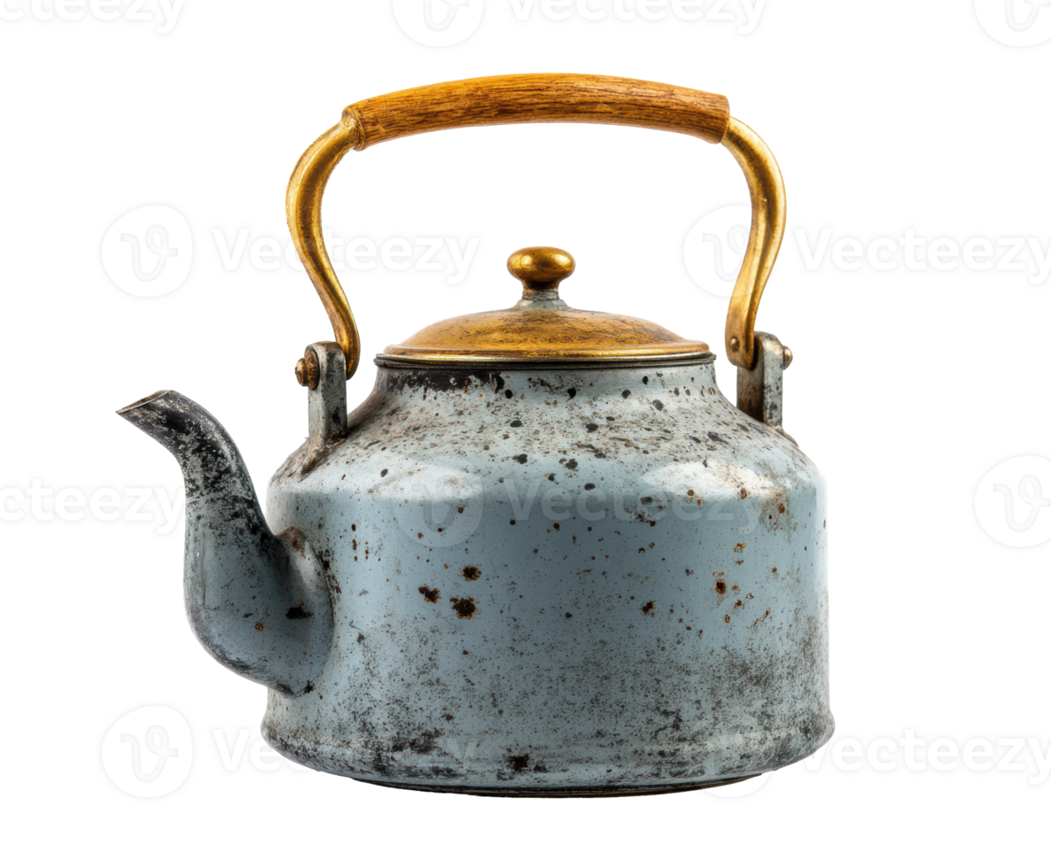Rustic vintage kettle with wooden handle for decor png