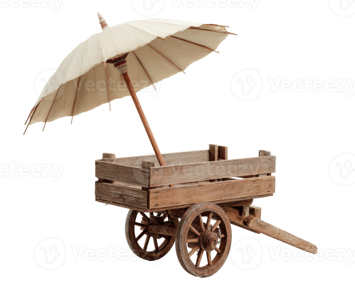 Wooden cart with parasol for summer events and decor png