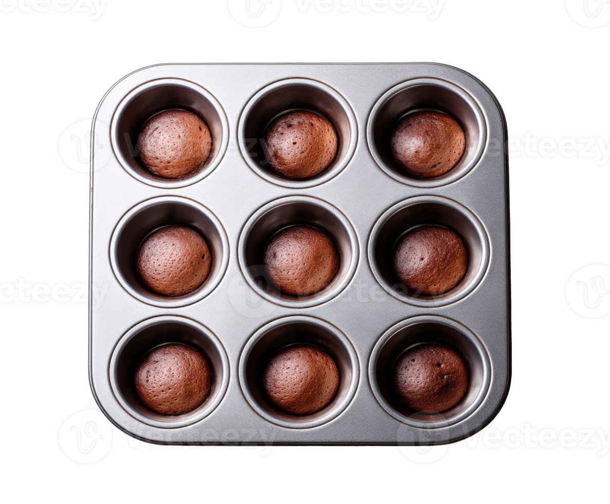 Baking chocolate cupcakes in a muffin tray for dessert treats png