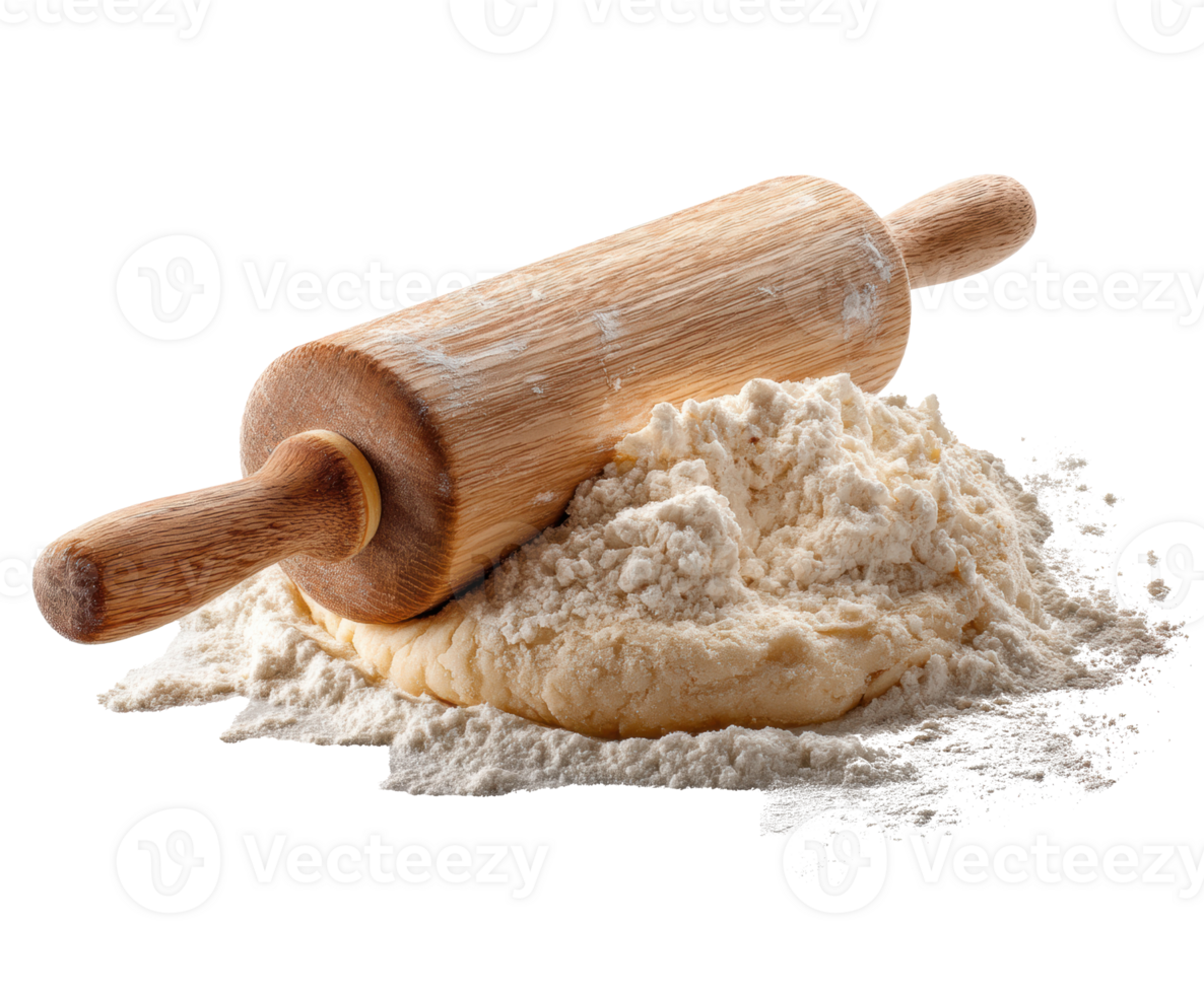 Baking preparation with rolling pin and flour on countertop png