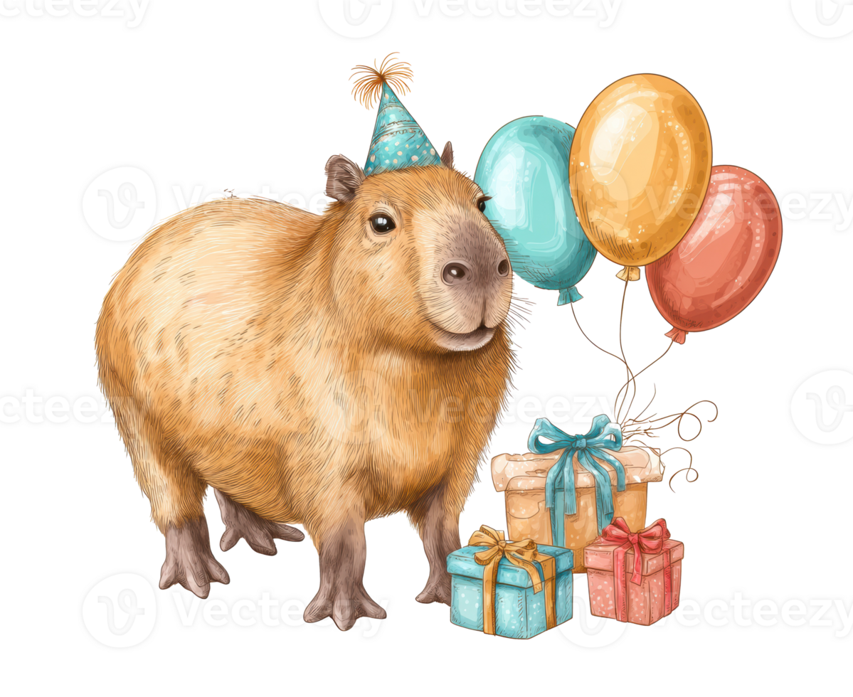 Capybara celebration with balloons and gifts for a birthday party png