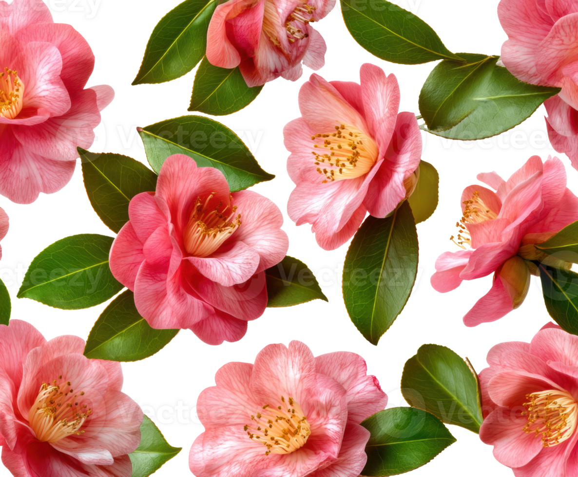 Pink camellia flowers with green leaves for floral design png