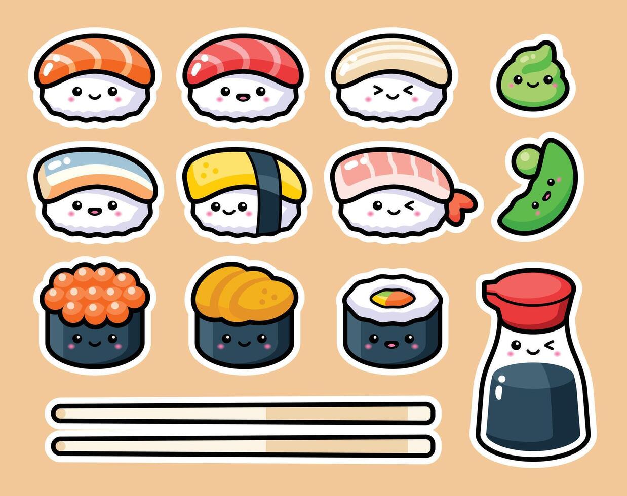 Set of sushi stickers illustration vector