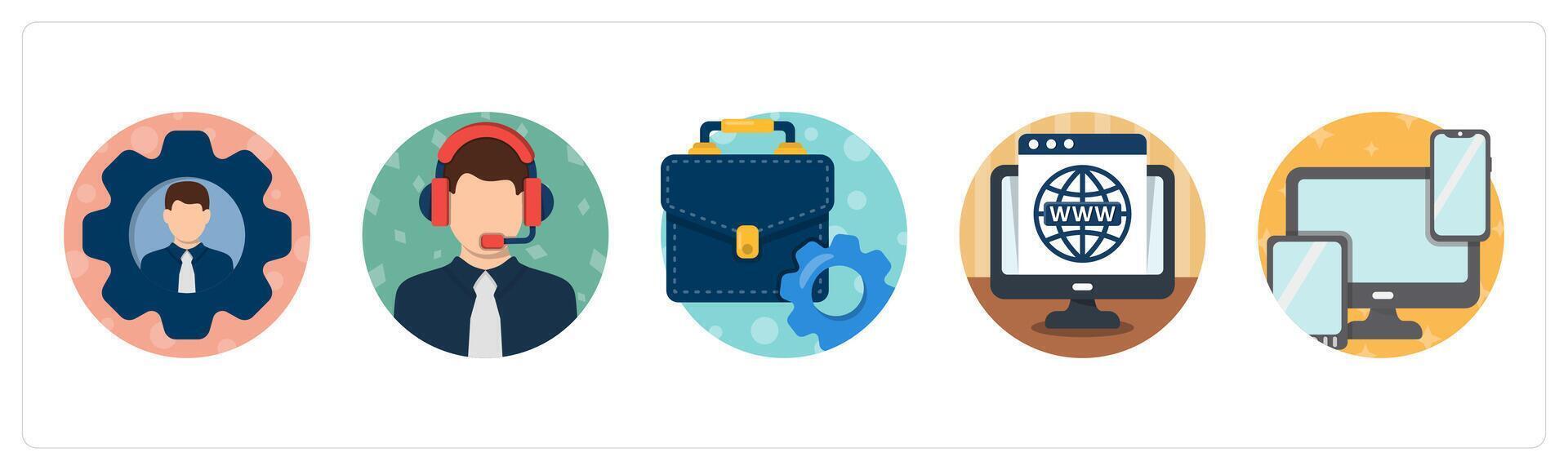 A set of 5 mix icons as business management, customer support, business portfolio vector