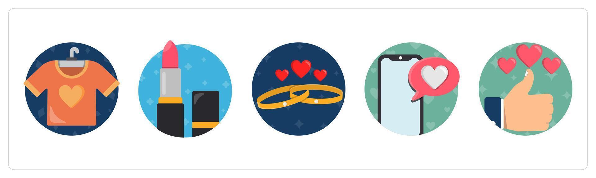 A set of 5 mix icons as t shirt, lipstick, wedding rings vector