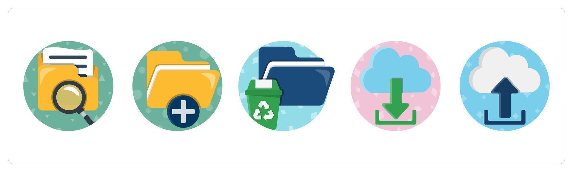 A set of 5 mix icons as search folder, add folder, delete folder vector