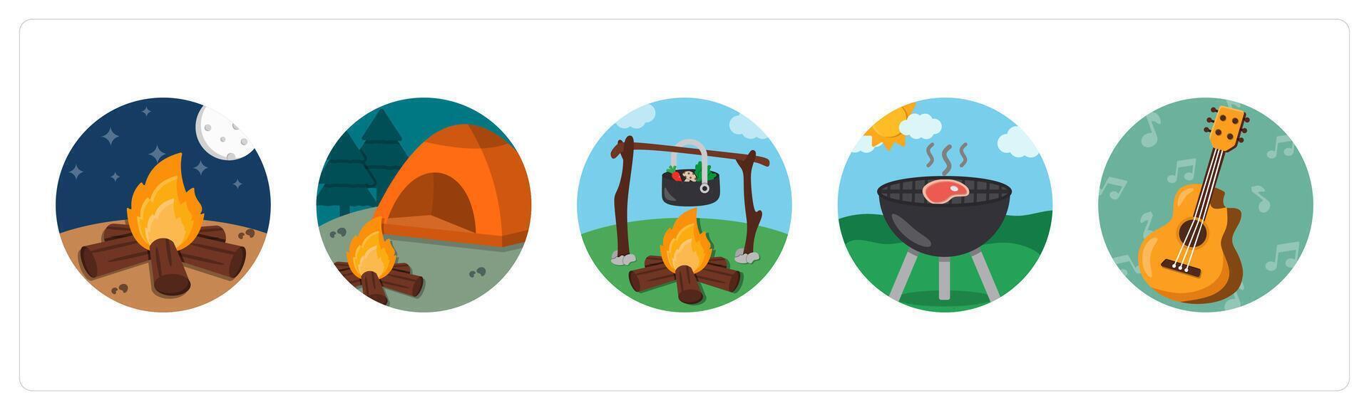 A set of 5 mix icons as bonfire, camping tent, barbecue vector