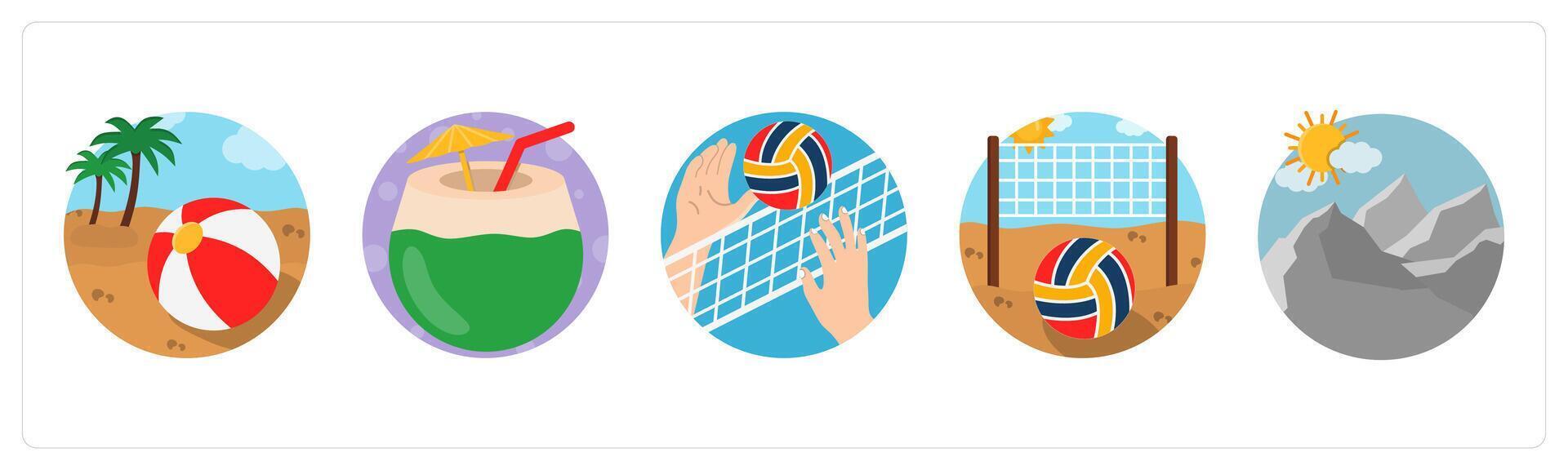 A set of 5 mix icons as beach ball, coconut water, net play vector