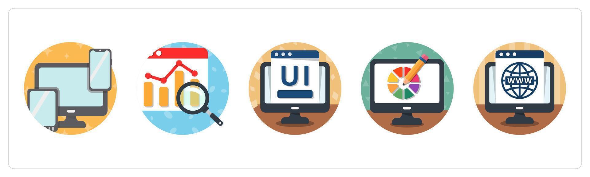 A set of 5 mix icons as responsive, search analytics, user interface vector