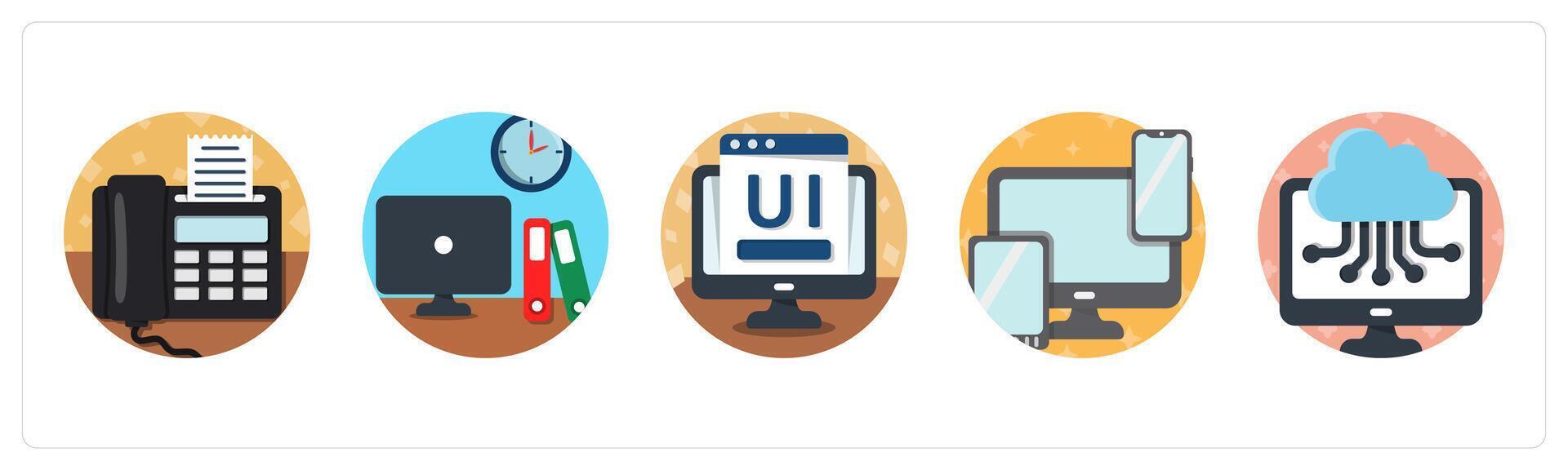 A set of 5 mix icons as telefax, working table, user interface vector