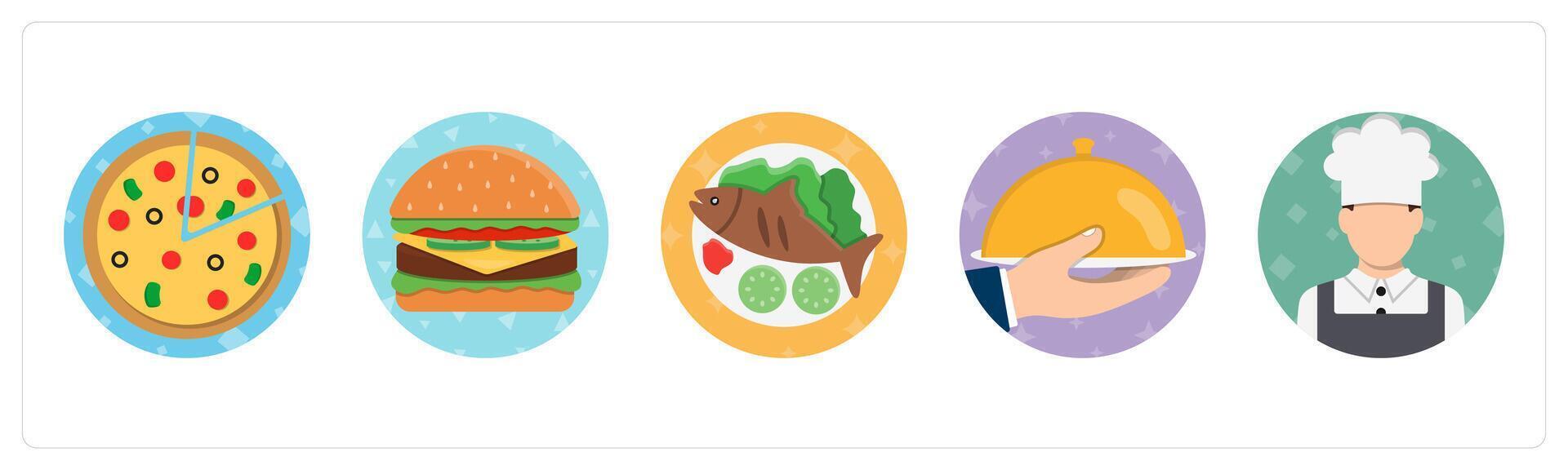 A set of 5 mix icons as pizza, burger, fish dish vector