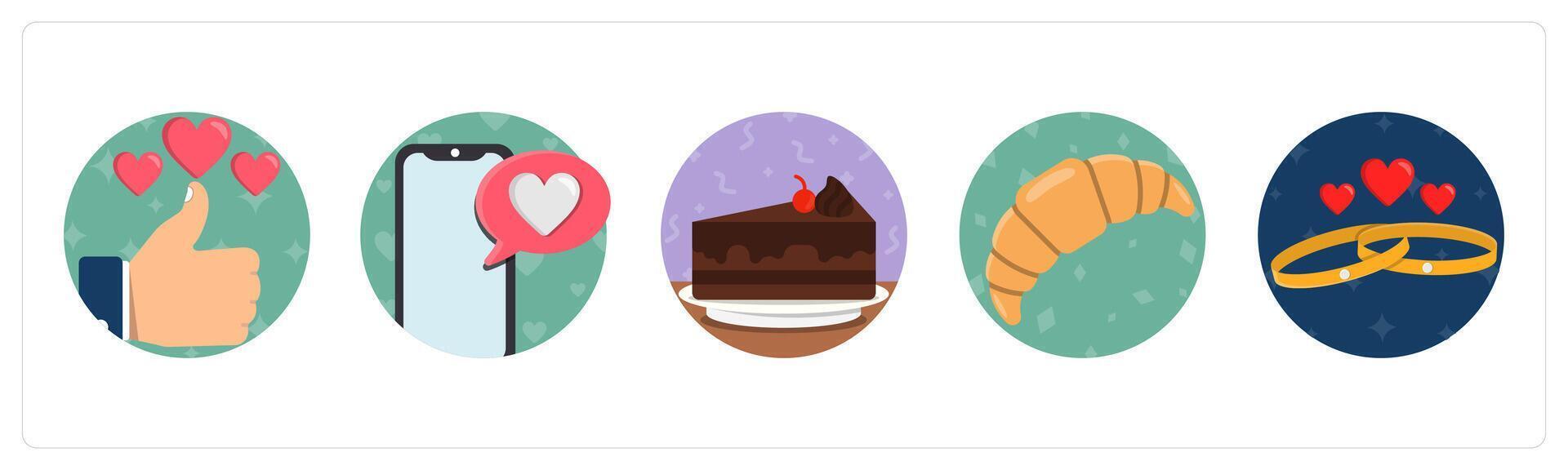 A set of 5 mix icons as thumbs up, love chat, pastry vector