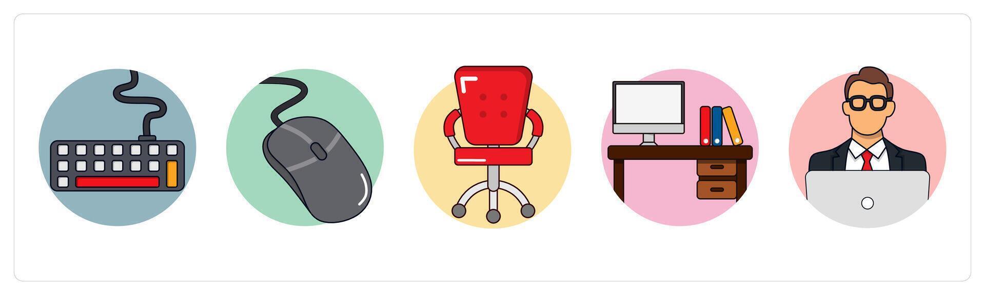A set of 5 business icons as keyboard, mouse, office chair vector