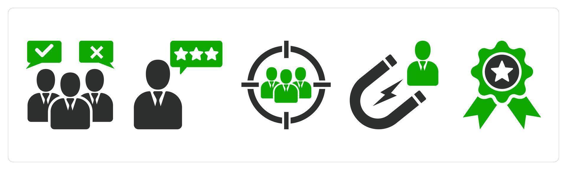 A set of 5 business icons as customer opinion, best feedback, target audience vector