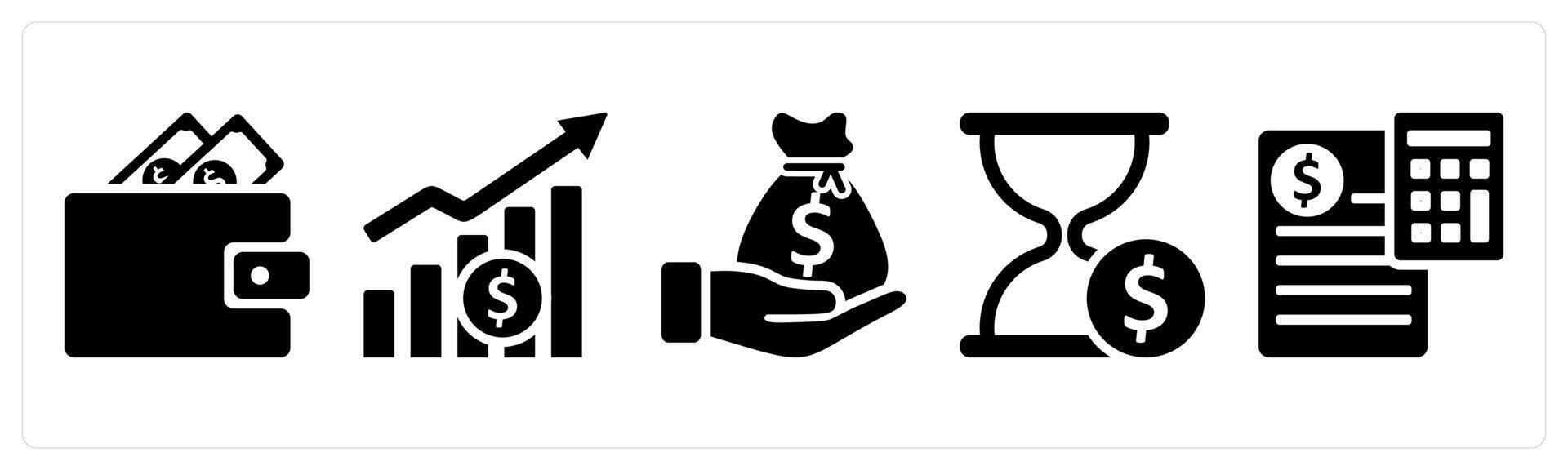 A set of 5 business icons as wallet, financial growth, investment in black color vector