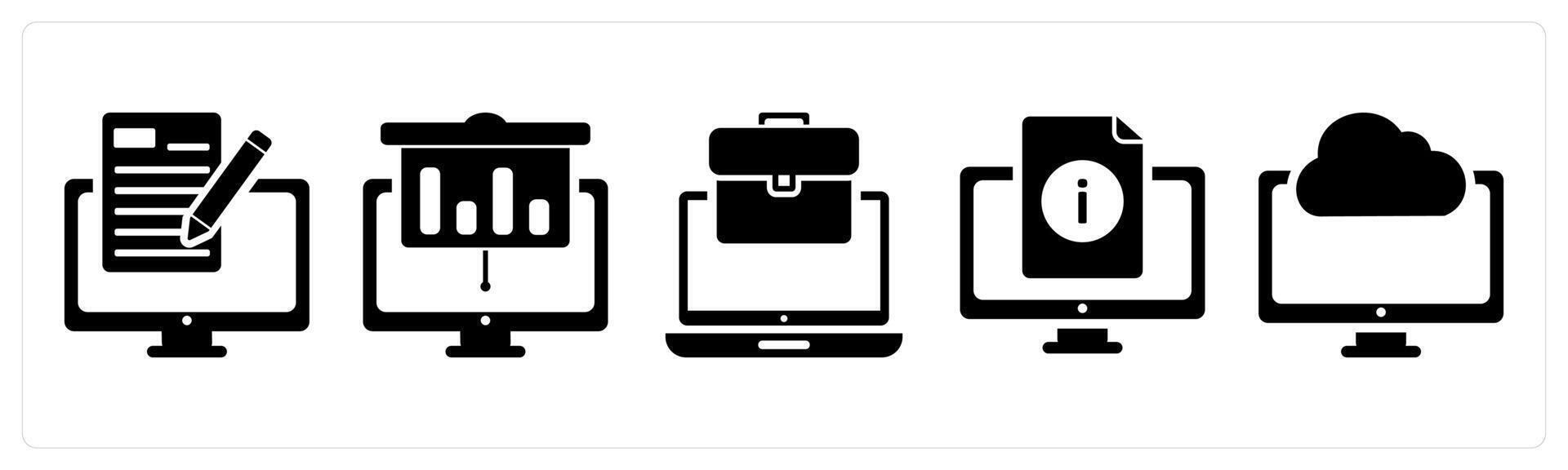A set of 5 business icons as online editing, online presentation, online business in black color vector