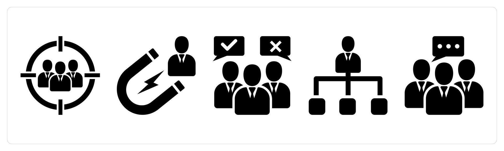 A set of 5 business icons as target audience, attract customer, customer opinion in black color vector