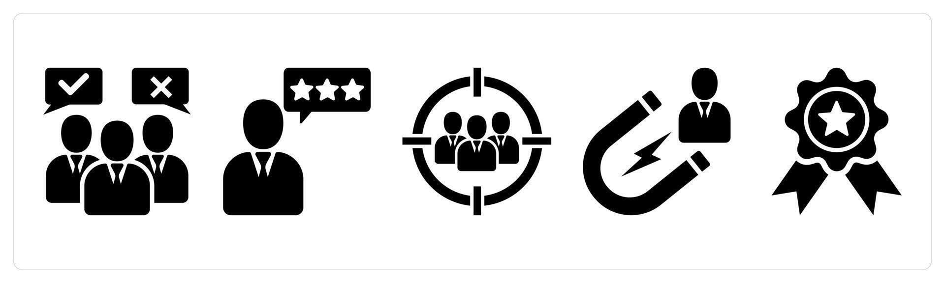 A set of 5 business icons as customer opinion, best feedback, target audience in black color vector