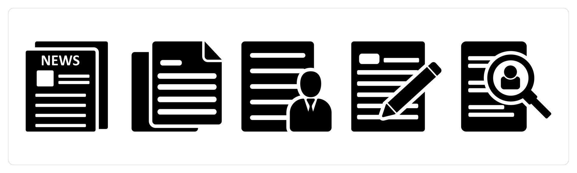 A set of 5 business icons as newspaper, duplicate page, user profile in black color vector