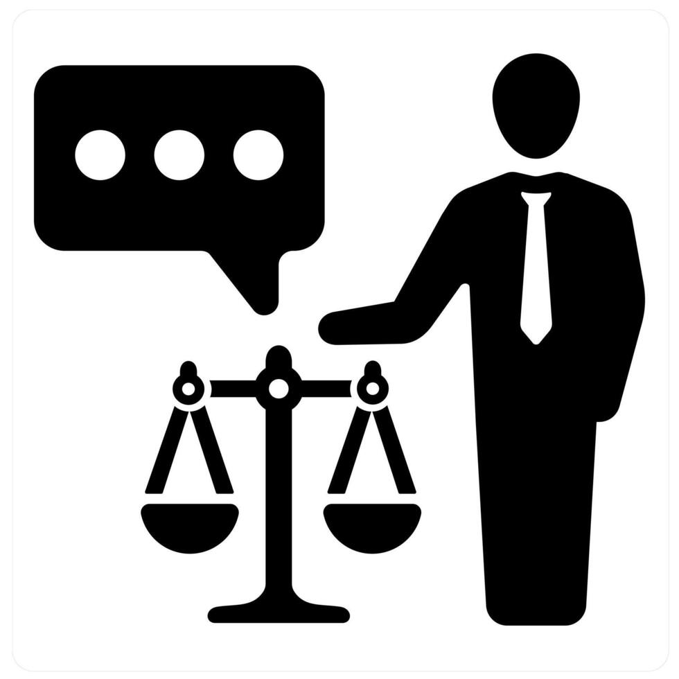 Lawyer and law icon concept in black filled color vector