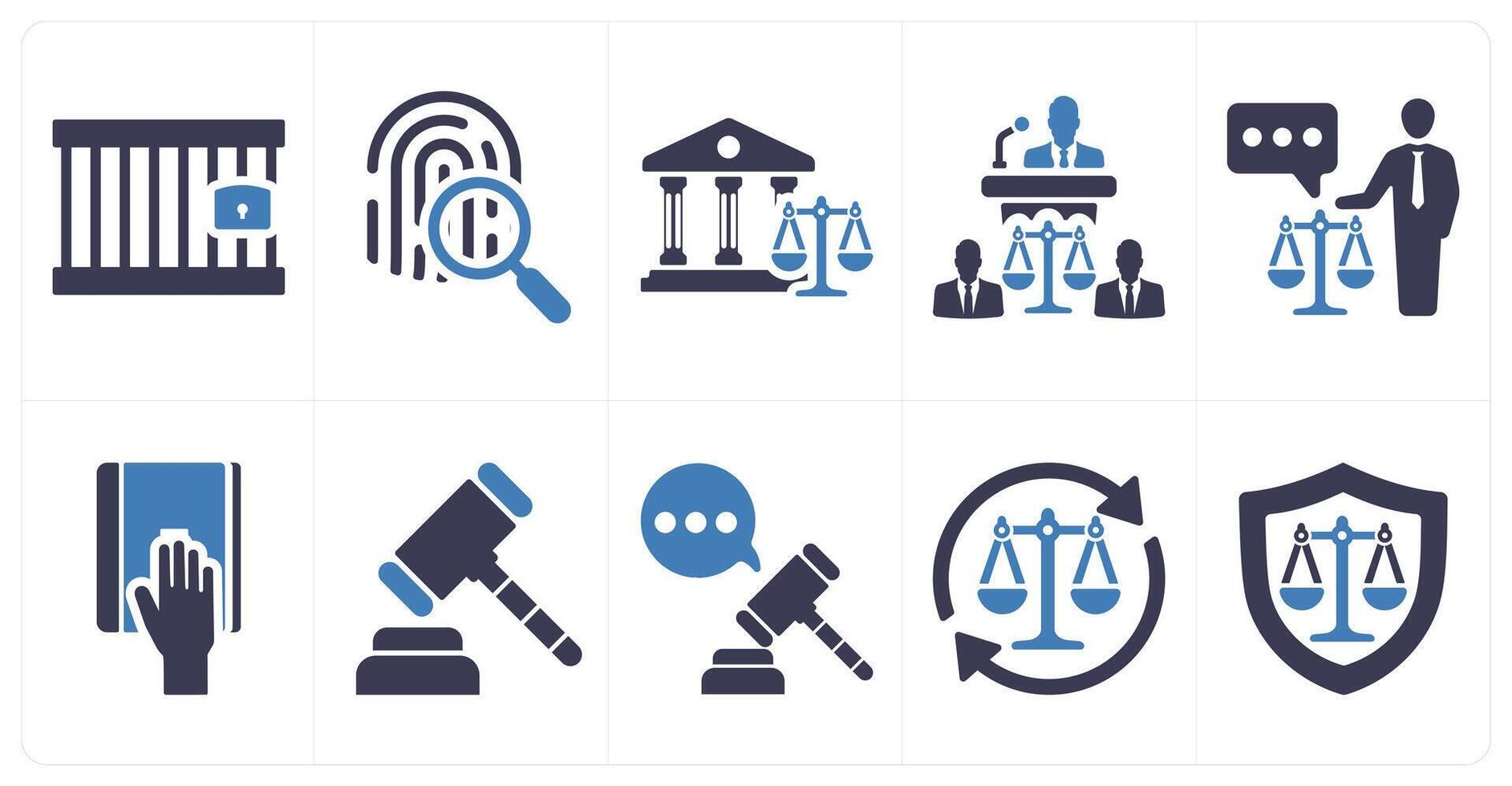 A set of 10 justice icons as jail, investigation, court in blue filled color vector