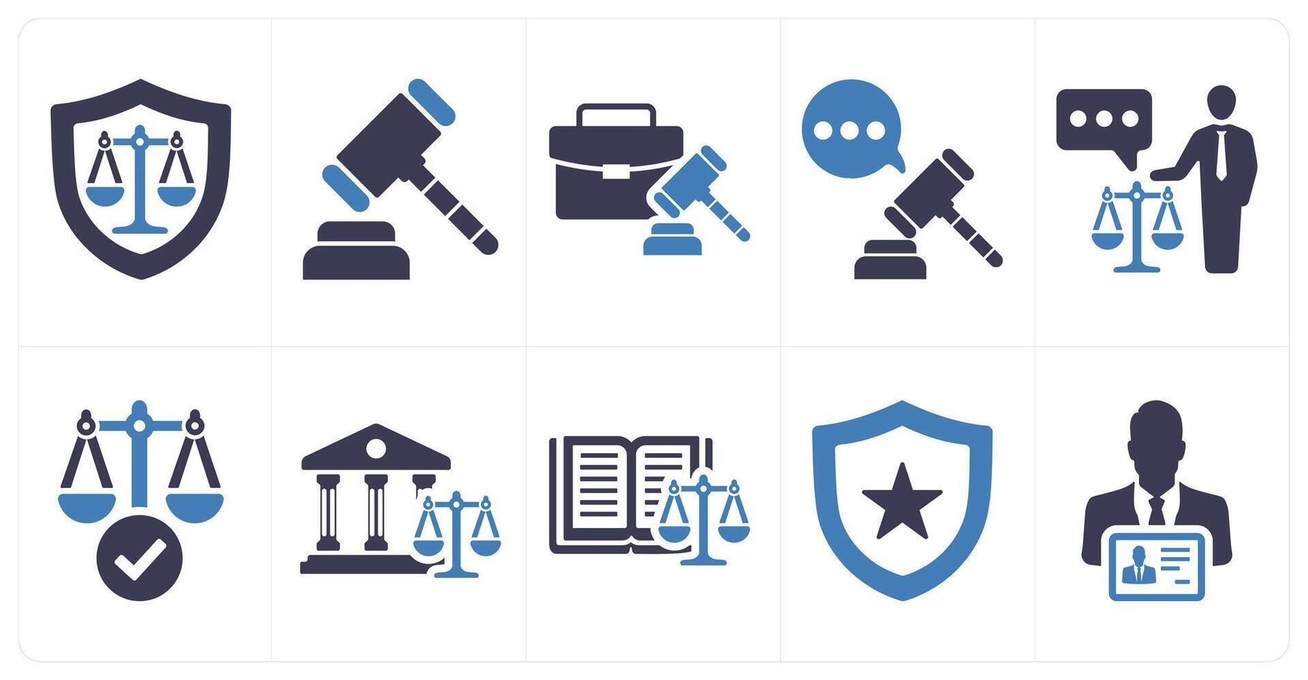 A set of 10 justice icons as justice, judge hammer, case in blue filled color vector