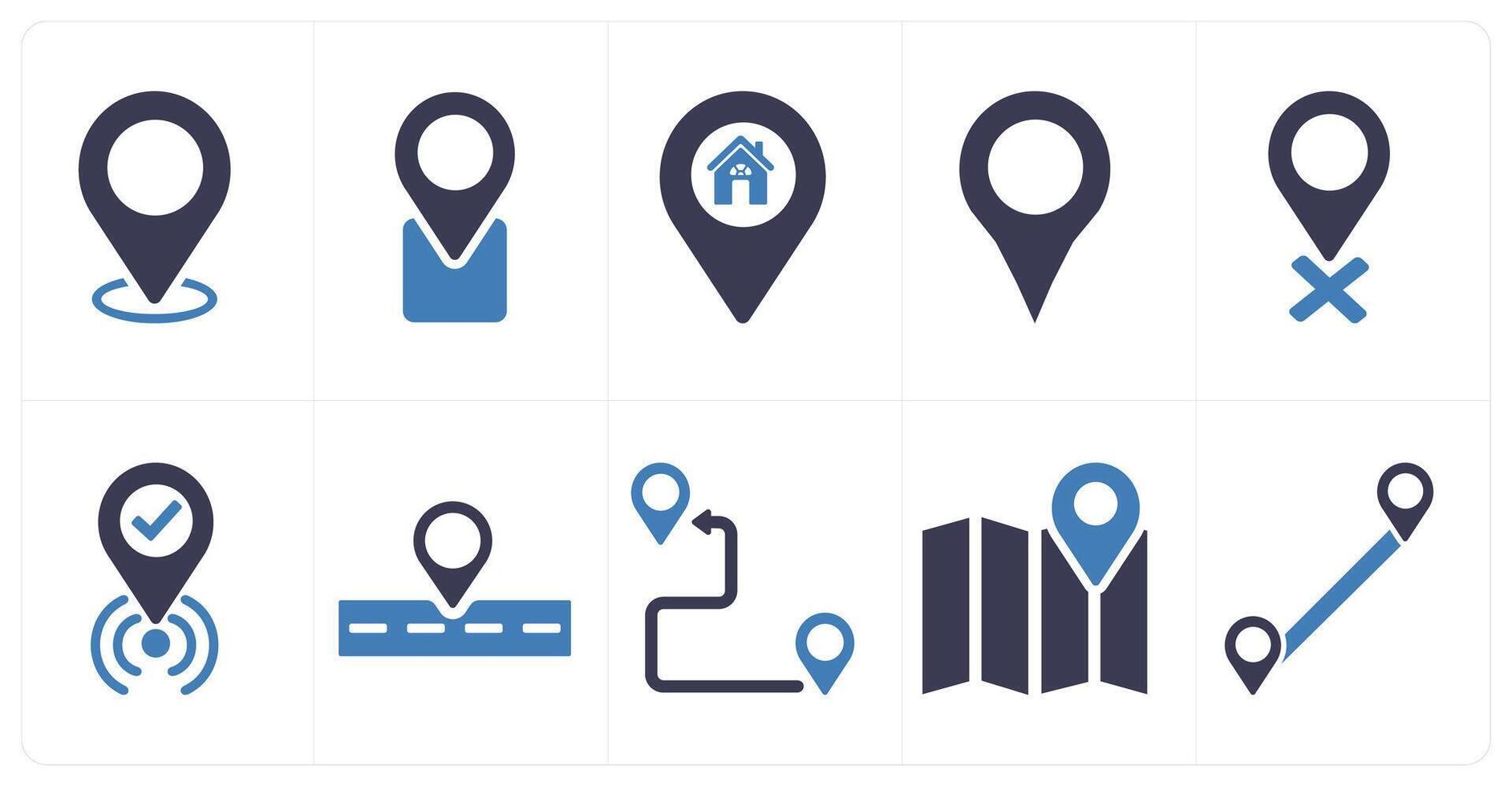 A set of 10 location icons as location, place, home location in blue filled color vector