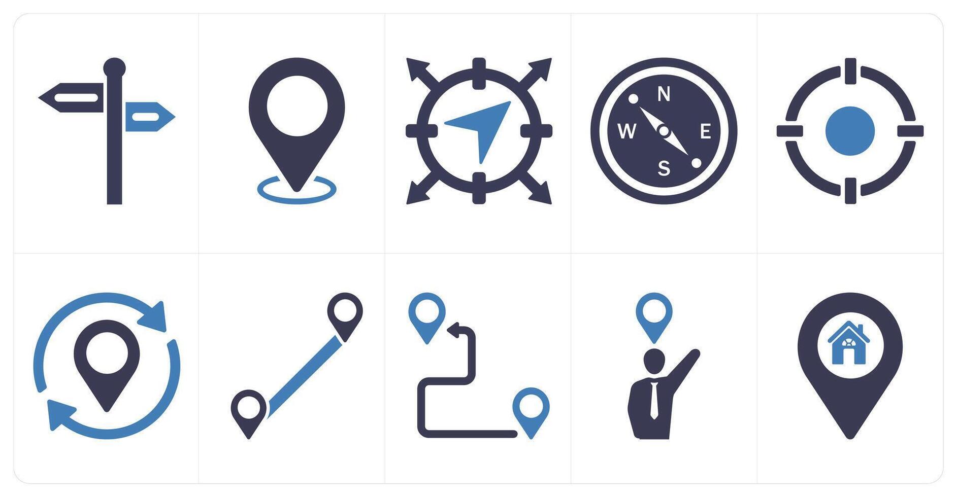 A set of 10 location icons as direction, location, navigation in blue filled color vector