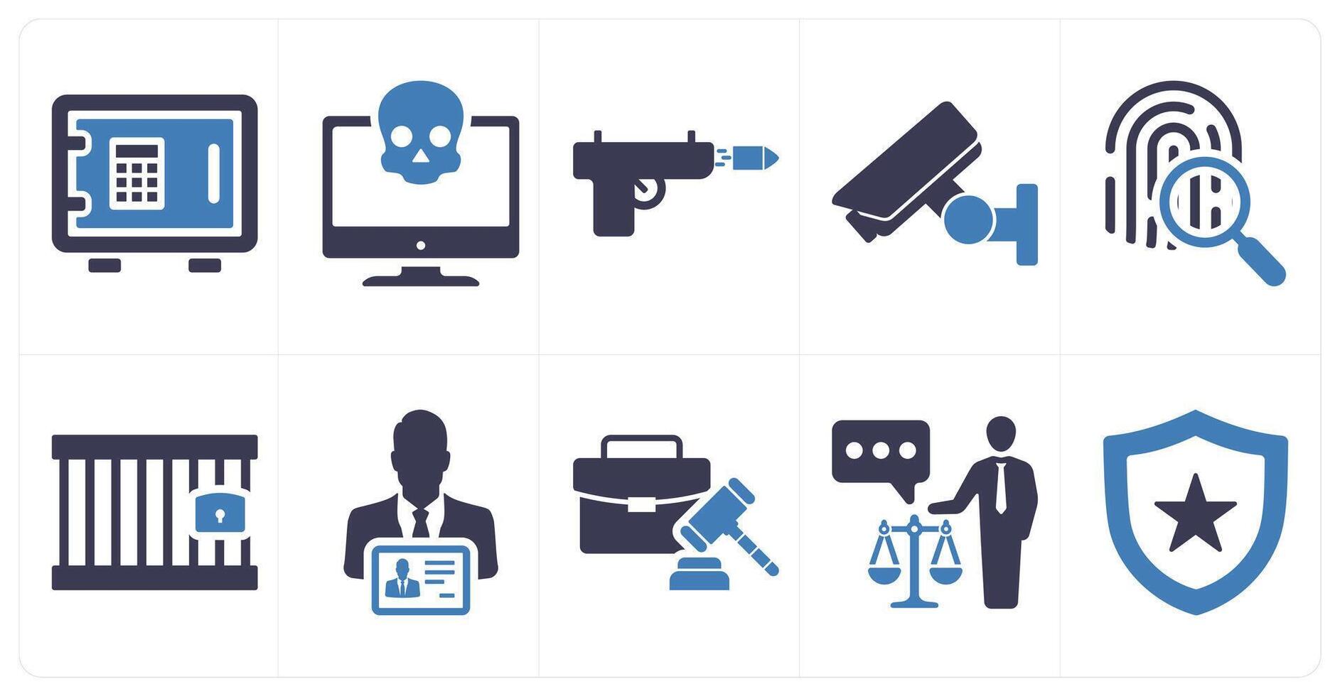 A set of 10 justice icons as locker, cyber crime, weapon in blue filled color vector