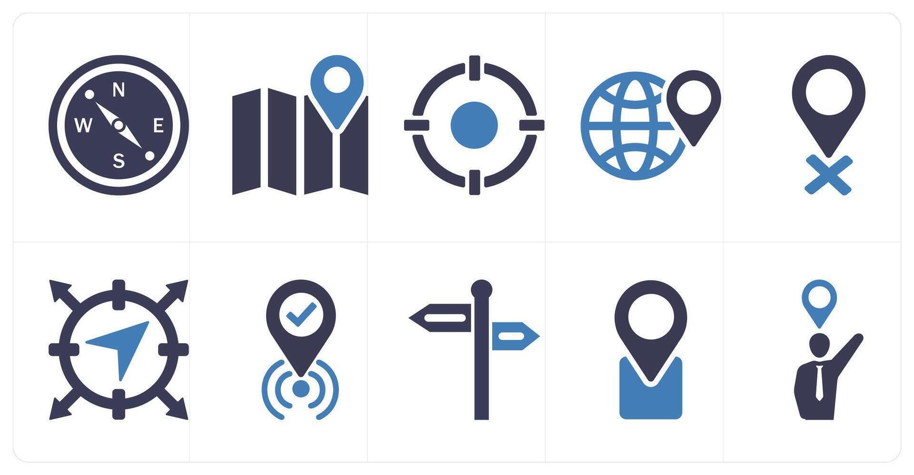 A set of 10 location icons as compass, map, target in blue filled color vector