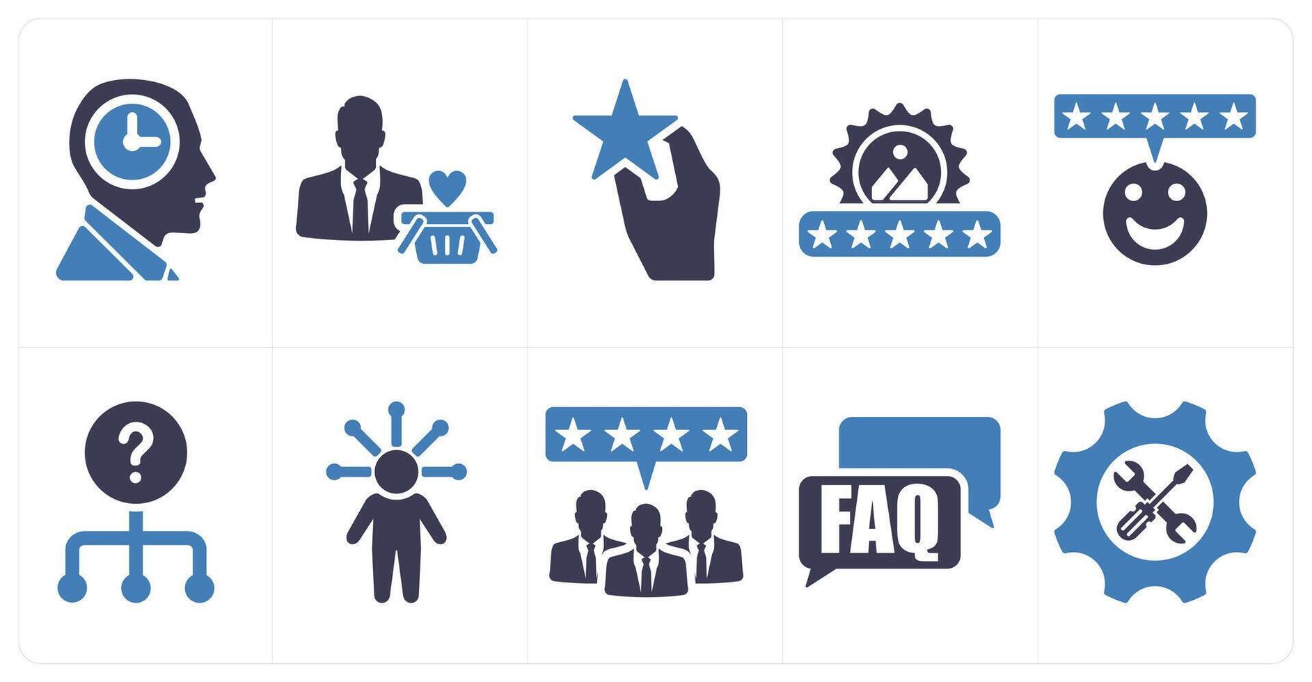 A set of 10 customer service icons as patience, customer, brand reputation in blue filled color vector