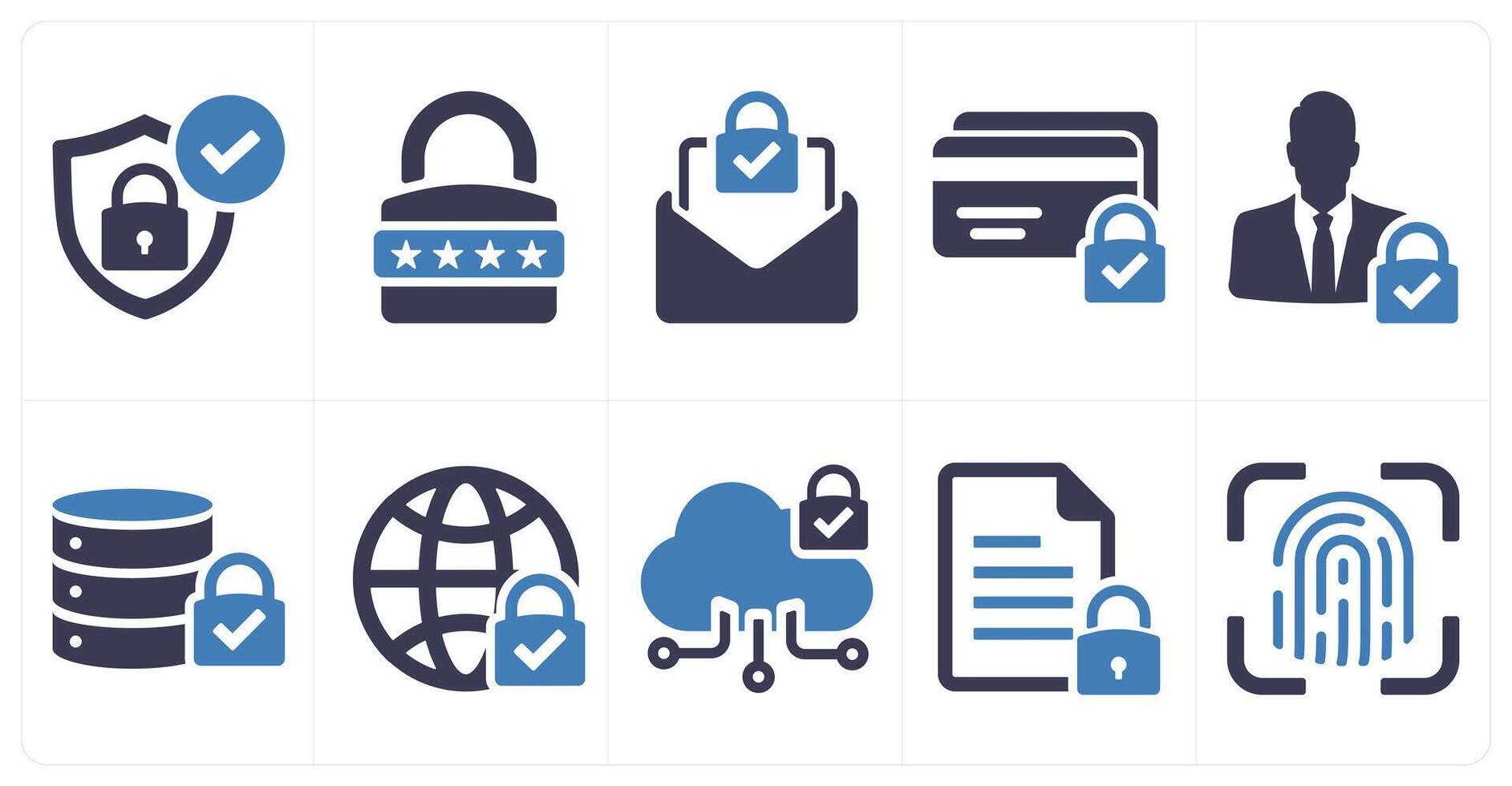 A set of 10 cyber security icons as security, password, email protection, secure payment in blue filled color vector