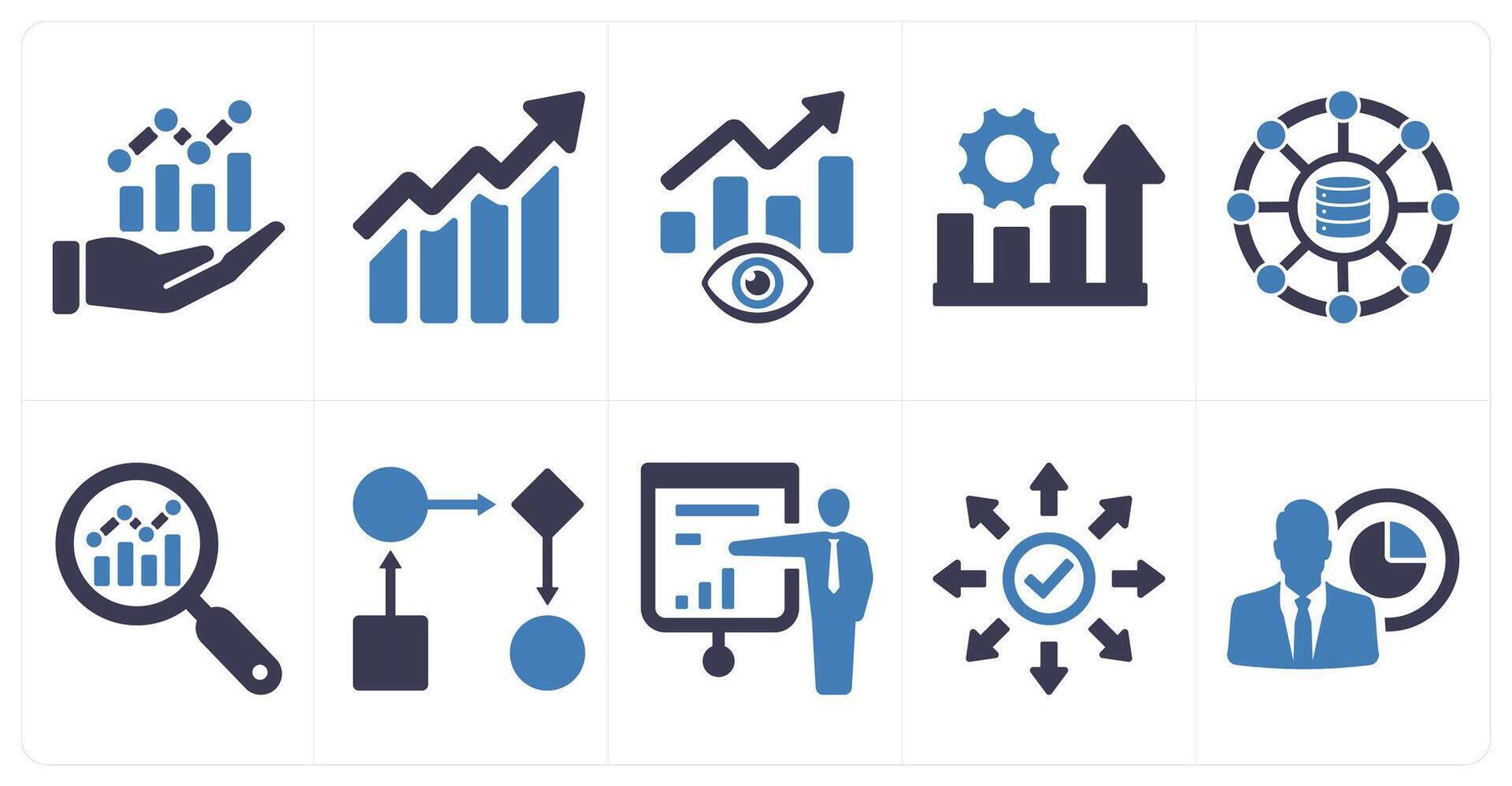 A set of 10 data analytics icons as data analytics, data chart, predictive analytics in blue filled color vector