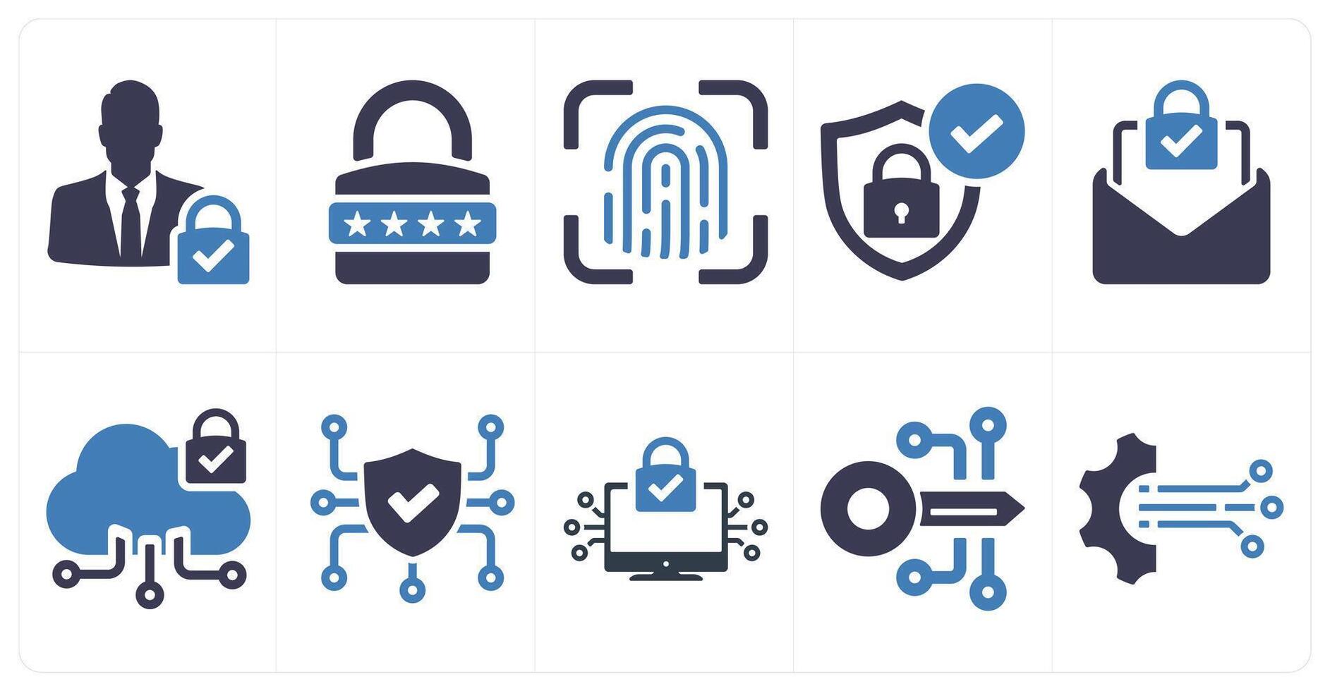 A set of 10 cyber security icons as user access, password, fingerprint in blue filled color vector