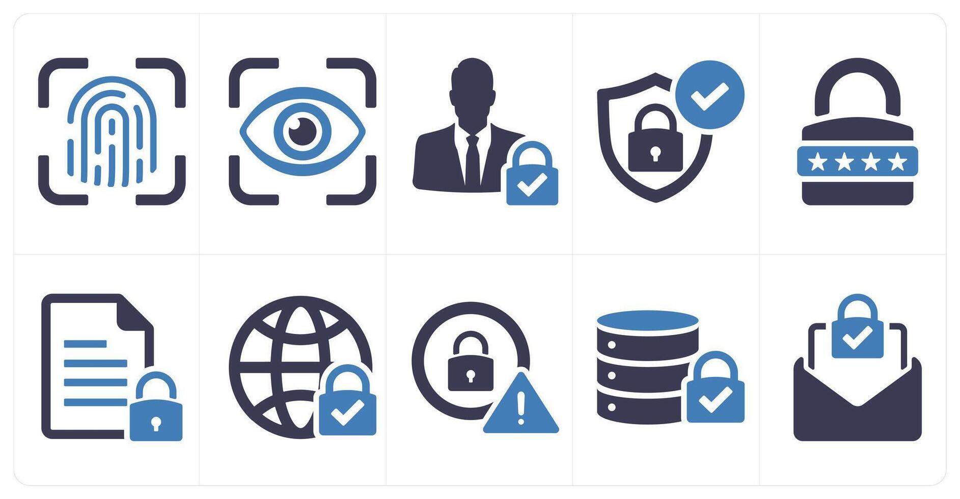 A set of 10 cyber security icons as fingerprint, eye scan, user access in blue filled color vector