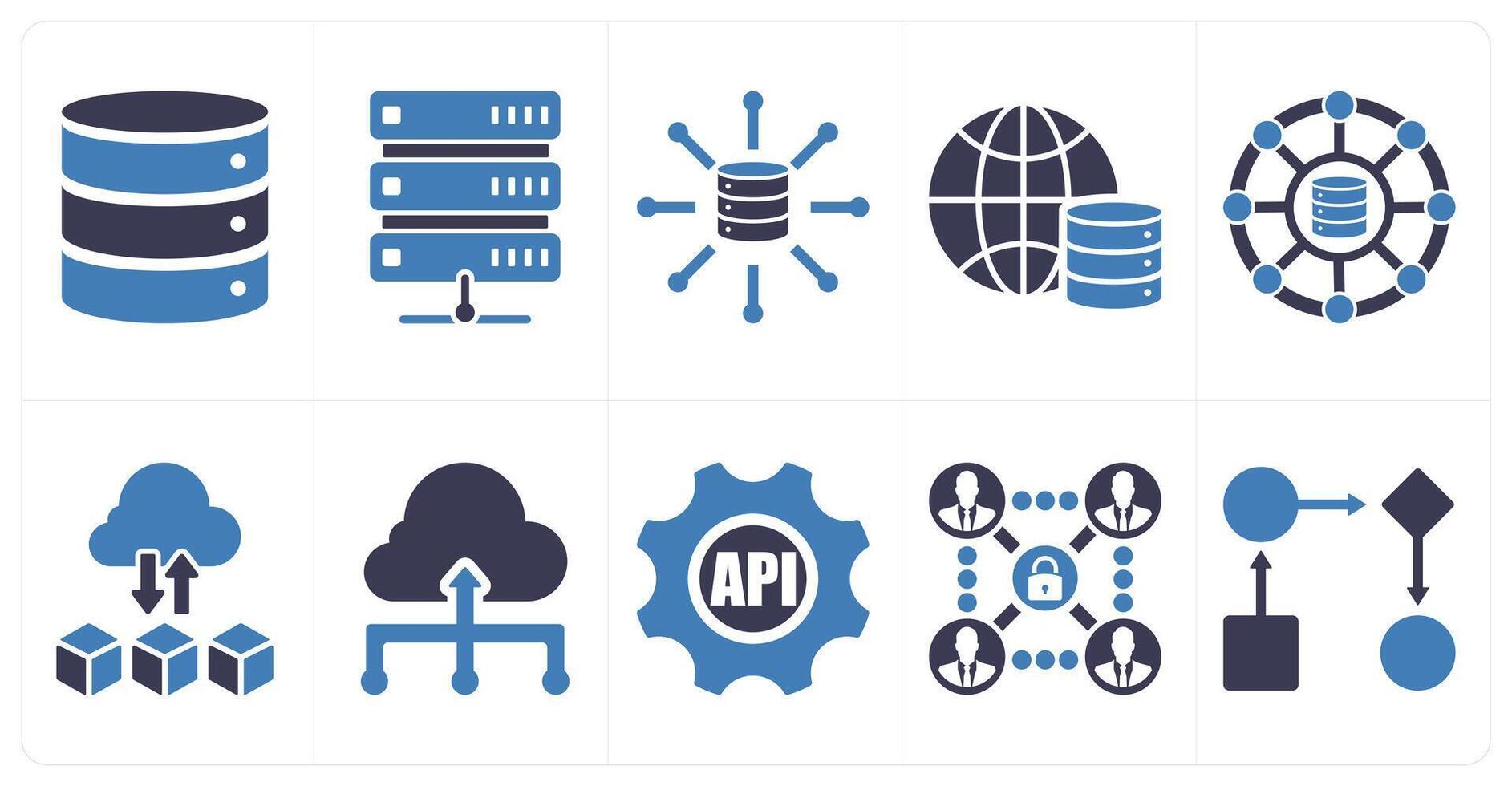 A set of 10 data analytics icons as database, server, big data in blue filled color vector